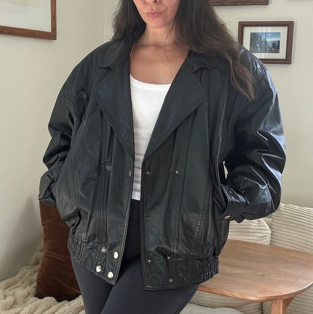 Vintage Y2k Leather Bomber Oversized Jacket Size S